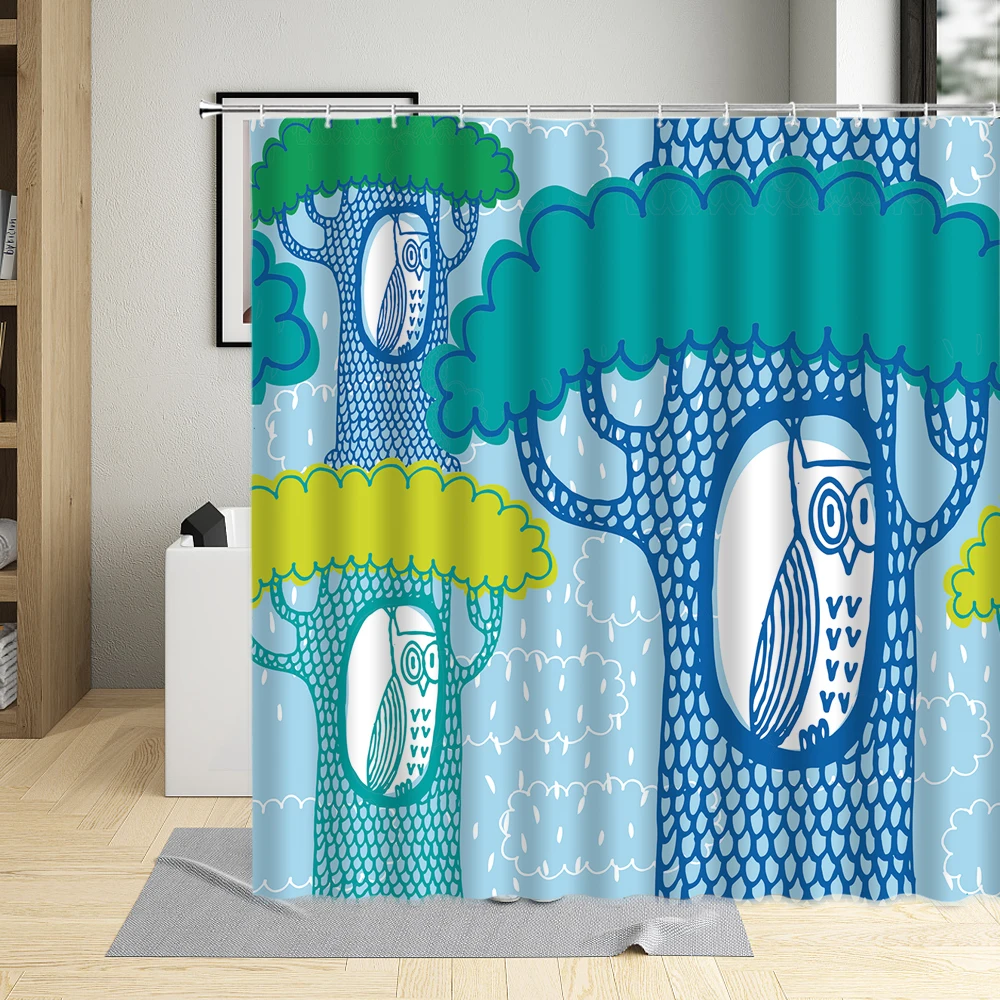 

Lovely Owl Cartoon Shower Curtains Set Bathroom Waterproof Bathtub Curtain Polyester Cute Child Print Home Bath Screens Fabric