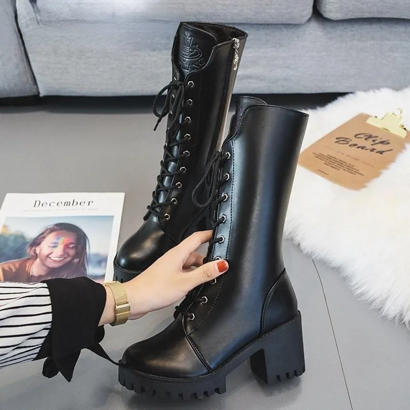 

Новинка 2021, зимние мотоциклетные ботинки с пряжкой, женские ботинки до середины икры в британском стиле, однотонные готические ботинки в ст...