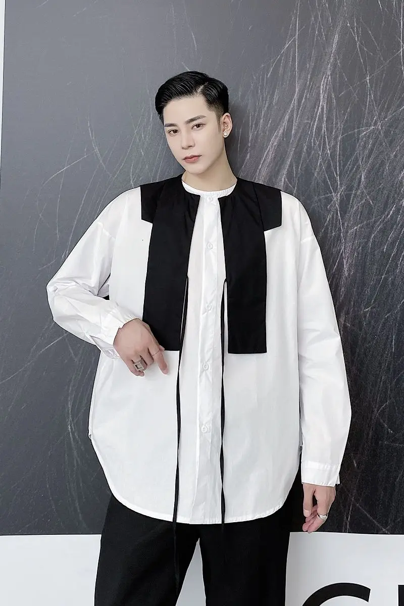 

IEFB Men's Wear Design Contrast Color Shawl O-neck Large Size White Shirt Male 2021 New Loose Fashion Long Sleeve Shirts 9Y3383