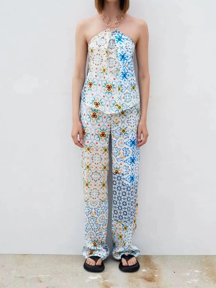 

KRSB 2021 Summer Women's Blue Print Necklace Hanging Wide Loose Waist Trousers Suit Retro Elegant Noble British Style