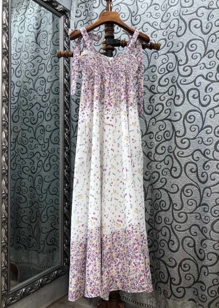 

Sexy 2021 Summer Long Dress High Quality Women Bow Shoulders Sweet Little Flower Print Casual Beach Long Maxi Dress Club Wear