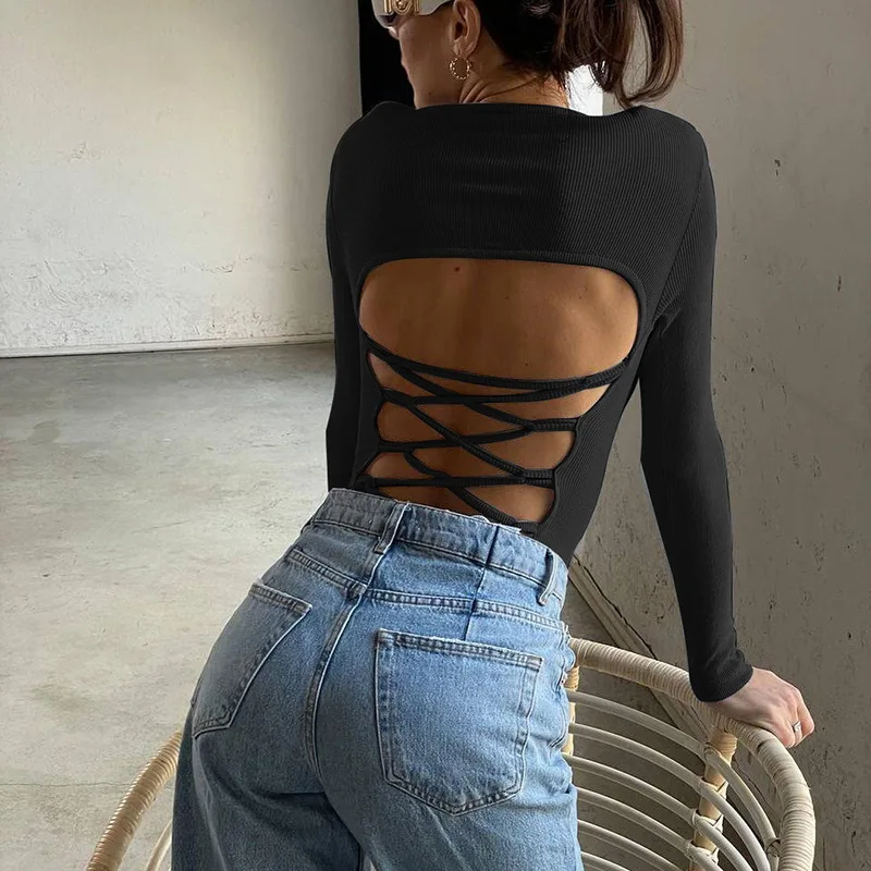 Пикантный цельный топ с вырезами Осенний однотонный приталенный круглым вырезом