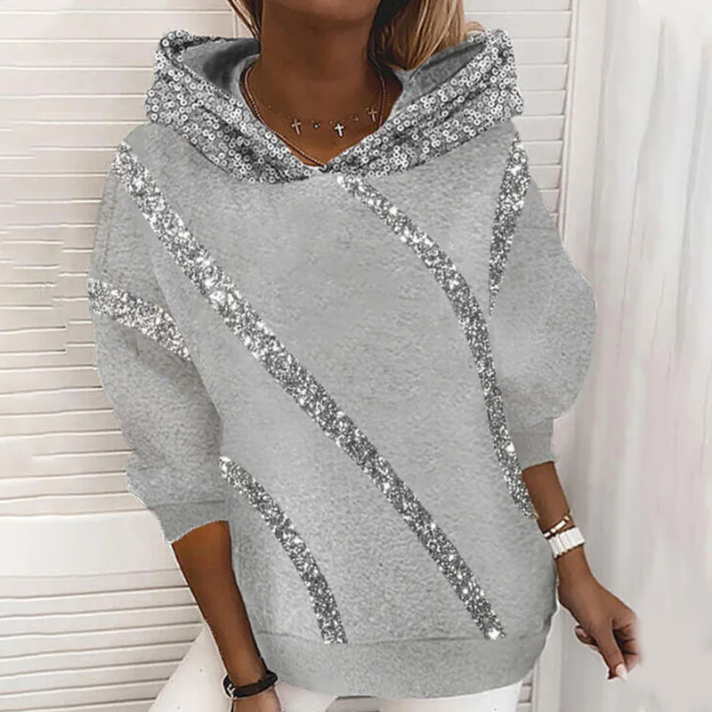 

Sequin Striped Patchwork Women's Hoodies Sweatshirt Long Sleeve Hooded Sweatshirts Female 2021 Streetwear Casual Ladies Clothes