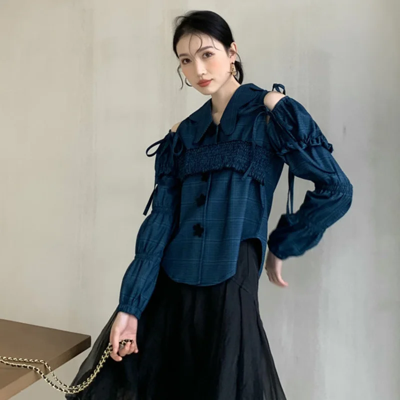 

Blue Hollow Blouse For Women Long Sleeves Elegant Shirt Female Streewear Tops 2021 Autumn Summer New Arrivals E974