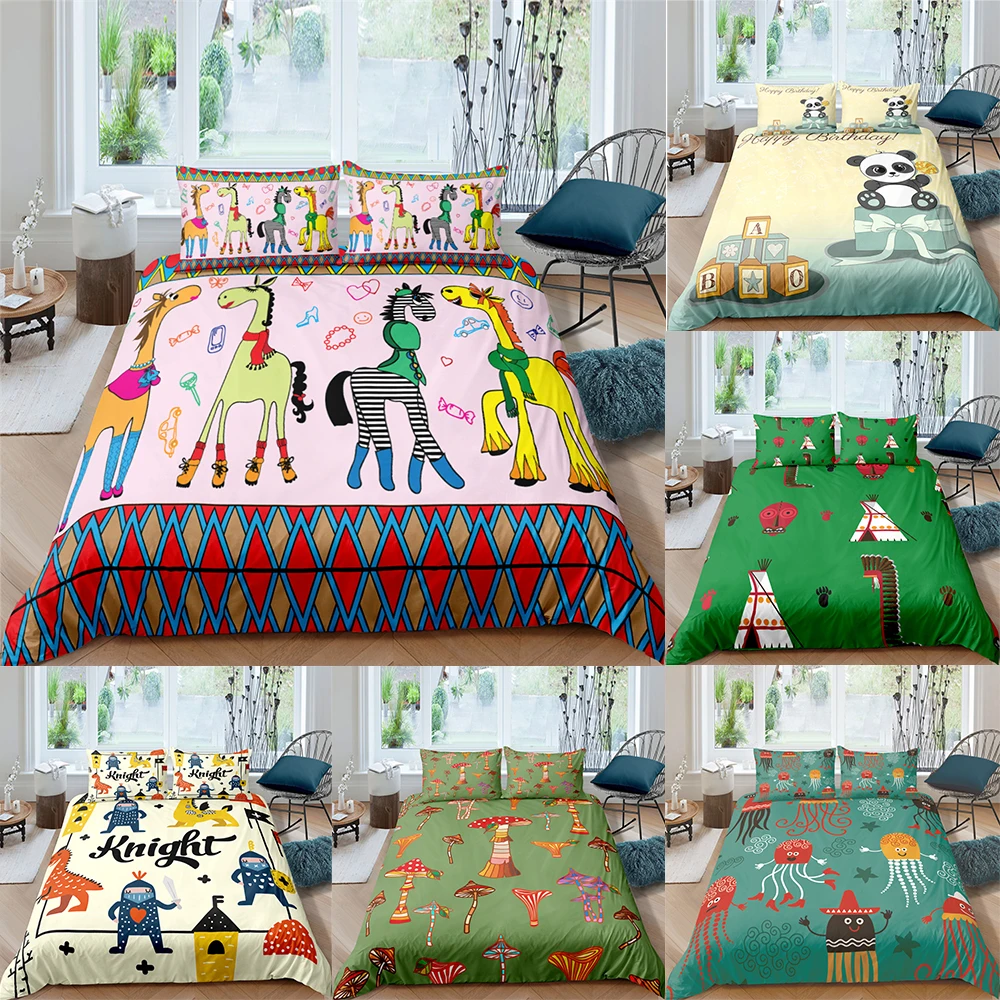 

Милый детский комплект постельного белья с мультипликационным 3D рисунком, жираф, панда, мягкий пододеяльник с наволочкой, полный односпаль...