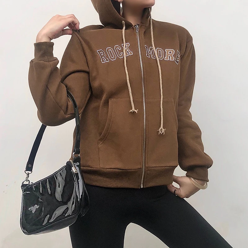 2021 коричневый Y2K эстетику толстовки для женщин в винтажном стиле на молнии свитер