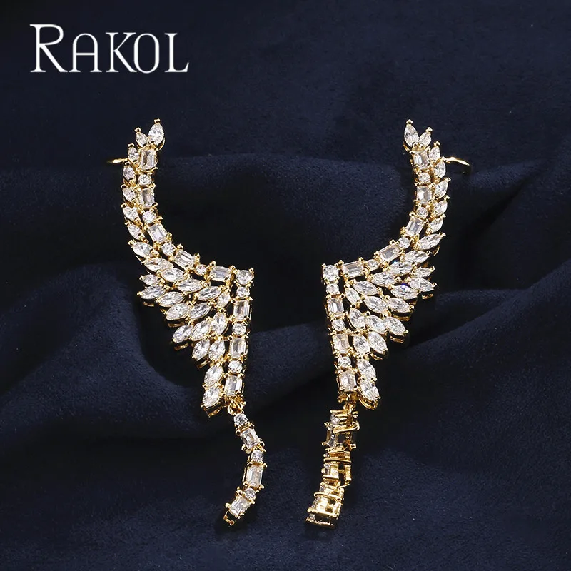 Роскошные длинные висячие серьги RAKOL с кубическим цирконием для женщин, серьги-манжеты из белого золота с кристаллами, вечерние ювелирные изделия