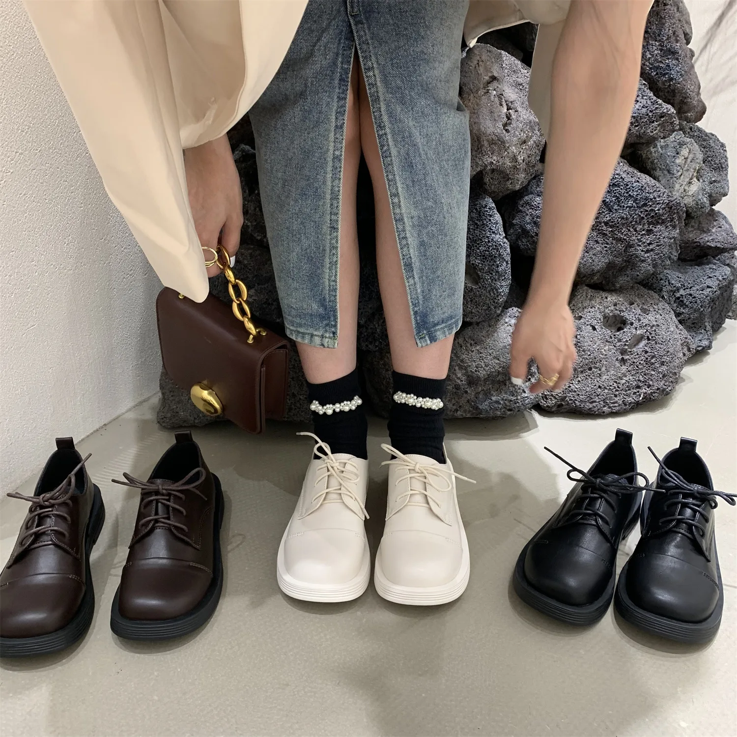 

2021 New Spring Woman Oxford Shoes Pu Leather Lace Up Casual Shoes Platform Sewing Work Shoes Brown Black Flats zapatos mujer