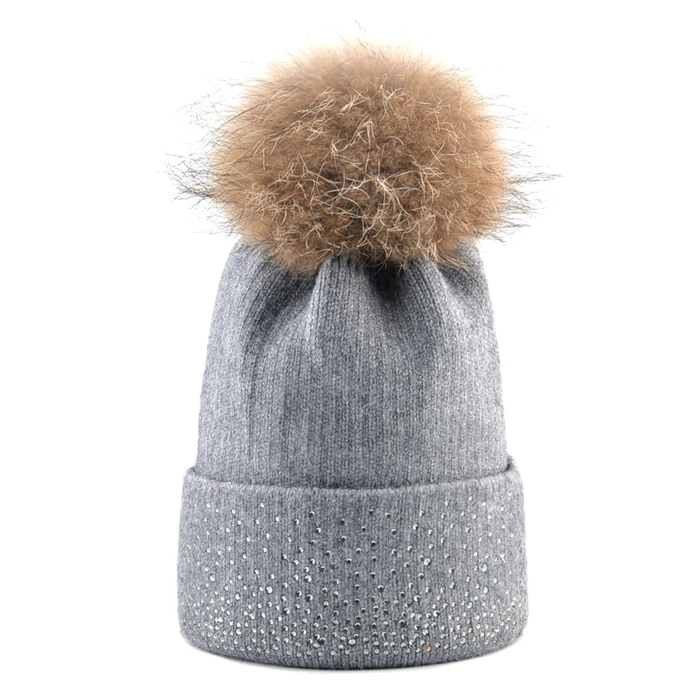 Вязаная шерстяная шапка с натуральным мехом помпон Женская зимняя теплая вязка Твердые шапки Дамский горный хрусталь Шапочки Женский шапка