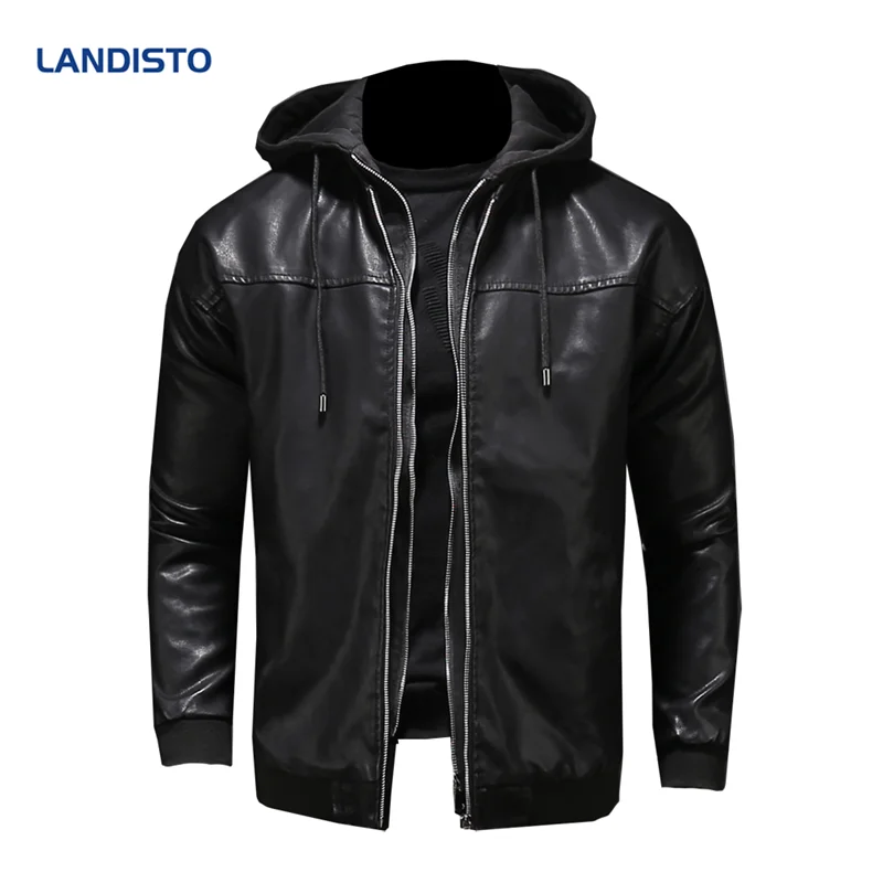 LANDISTO мужская куртка с капюшоном со съемной шапкой кожаная для мужчин/мужская из
