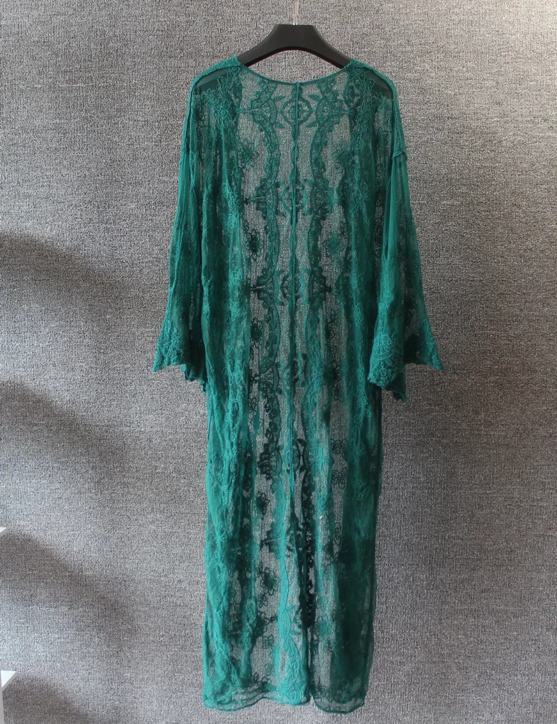 Женский пляжный кардиган с длинным рукавом Зеленые Изумрудные кружевные кимоно