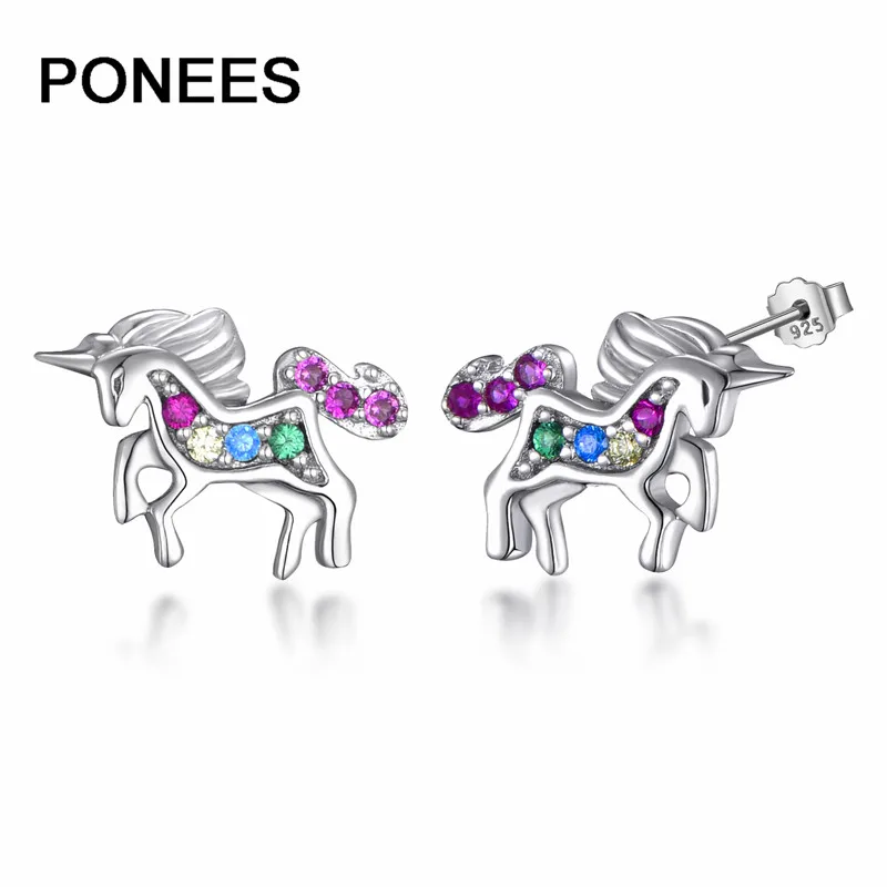 Модные серьги-гвоздики Ponees из стерлингового серебра 925 пробы с единорогом для