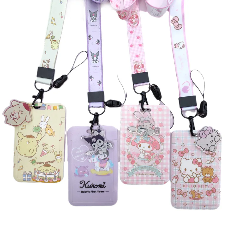 

Kawaii Sanrioed Kuromi HelloKittys Mymelody Purin Cartoon Student Meal Card Holder ID Holder Badge with Lanyard Bus Subway Card