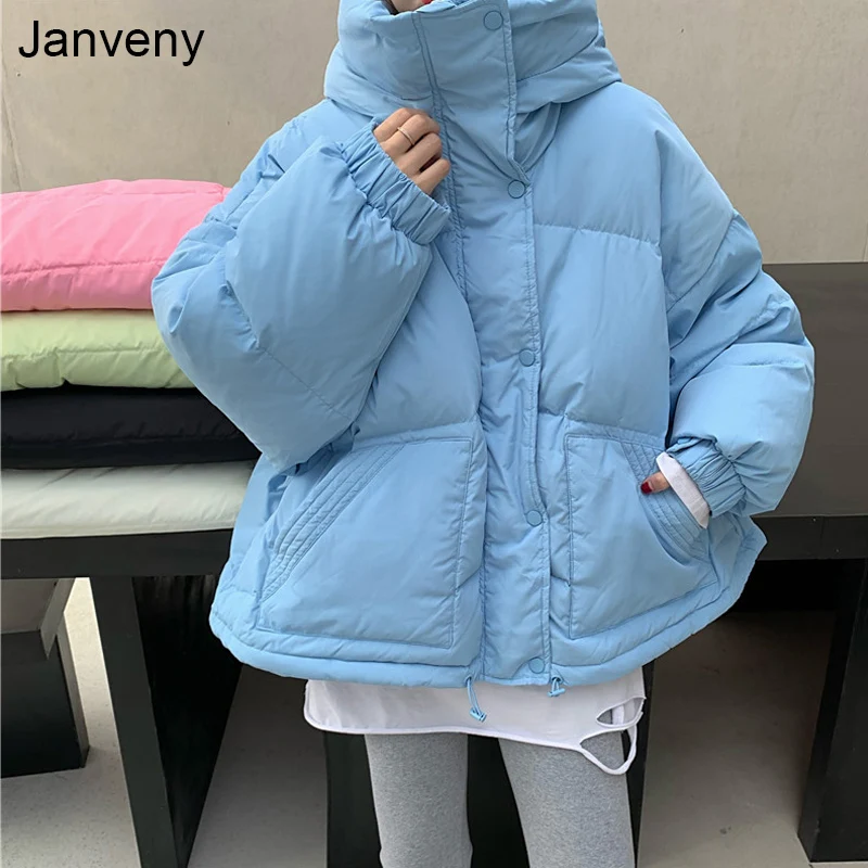 

Janveny Fashion Bread Jacket 2021Winter 90% White Duck Down Coat Women Short Puffer Parkas Female Casual Feather Snow Outwear