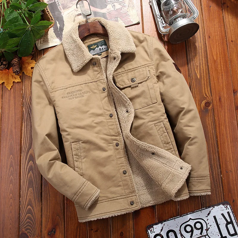 

100%cotton Denim Winter Jacket Men New Fleece-lined Thickened Warm Men's Coat Casual Khaki Green Lamb Parka Men Trendy Jacket