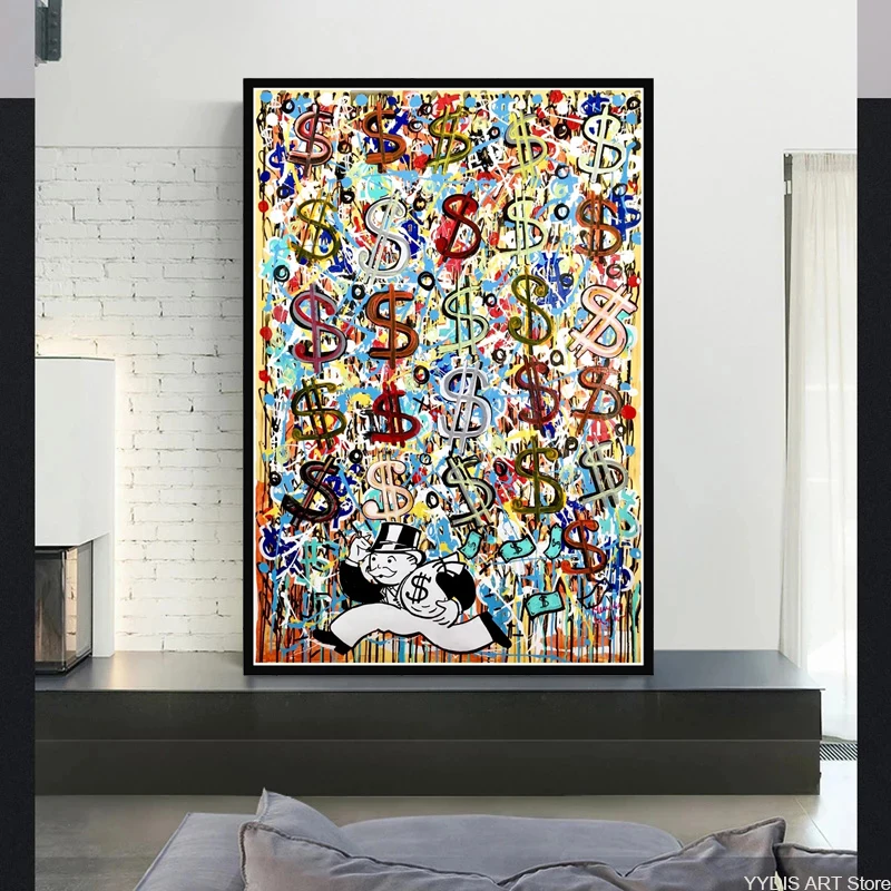 

Funny Dollar Monopoly Man Graffiti Posters Abstract Raining Money Canvas Painting Print Dollar Wall Picture Room Room Decoration