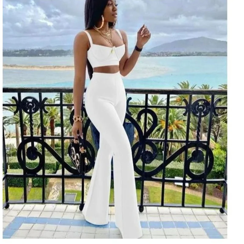 

2021 Summer Women Stylish High Waist Flare Pants Suit Two Pieces Sets Strapless Crop Top+Elastic Skinny Trousers Casual Outwear