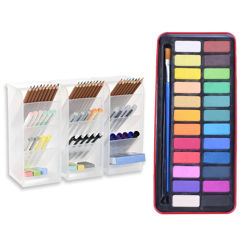 24 Colors Solid Watercolor Paint Pigments Tablet Set &amp 3x Translucent White Pen Storage Holder 12 Compartments (White) | Канцтовары