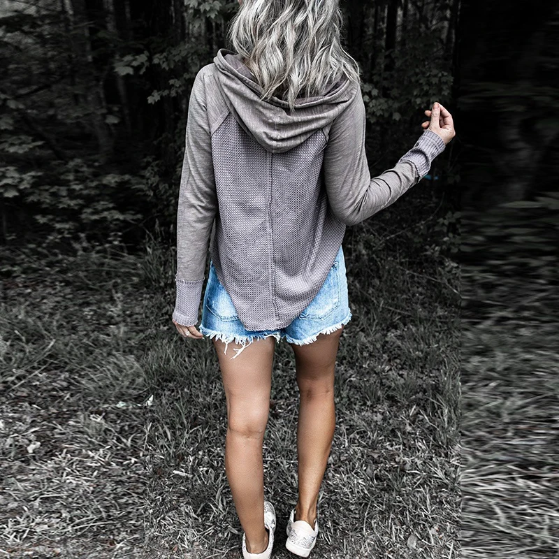 

Autumn Patchwork Waffle knitted Sweatshirt Streetwear Casual Women Loose Hooded Tops Spring Long Sleeve Pullover Hoodies Jumper