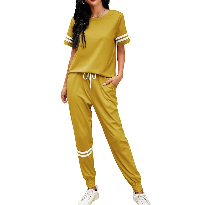 

OLOMLB 2021 Summer Short Sleeve O Neck T Shirt And Long Pant Belt Elastic Waist New Women Two Piece Set Solid Casual Ladies Set