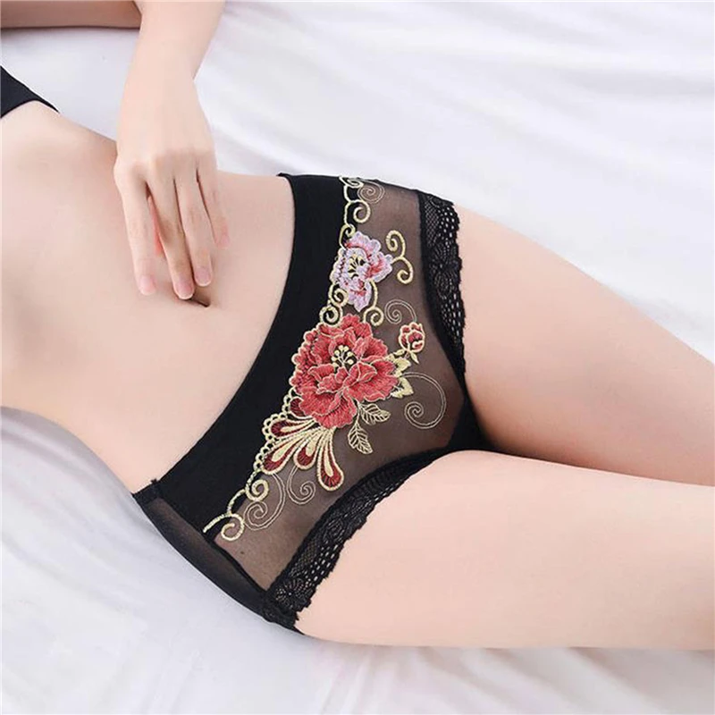 

Sexy Lace Panties Women Seamless Embroidery Ladies Mesh Mid-waist Briefs Thin Section Breathable Large Size