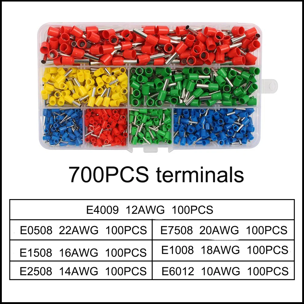 

700PCS Terminal Set E0508 E1508 E2508 E7508 E1008 E4009 E6012 Crimping Insulated Tube Terminals Set Wiring Insulated cord end