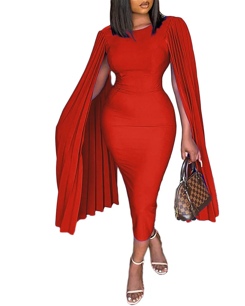 

Summer 2021 African Women Bodycon Dress O-Neck Pleated Cap Sleeve Blue Mid-Calf High Waist Party Dresses Elegant Vestidos Robes