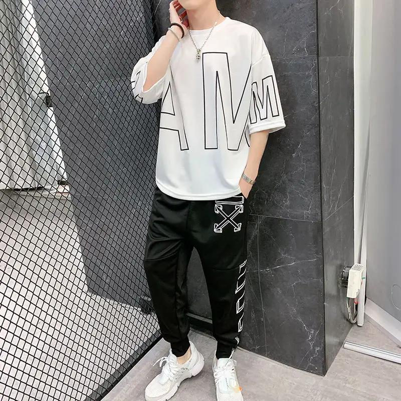 

Short sleeve sports suit for male students Korean loose fit teenagers' Capris trend T-shirt two-piece clothes