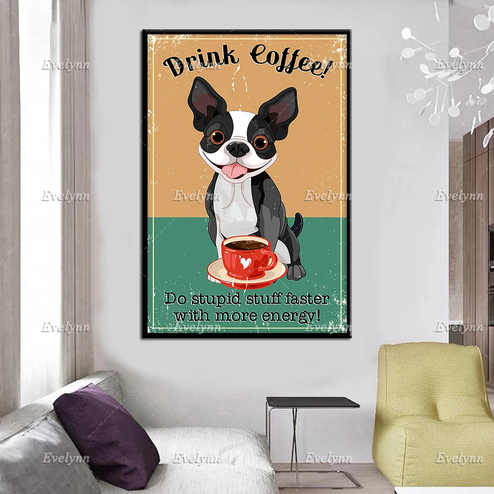 Забавный Ретро-постер с изображением французского бульдога собаки напитка кофе