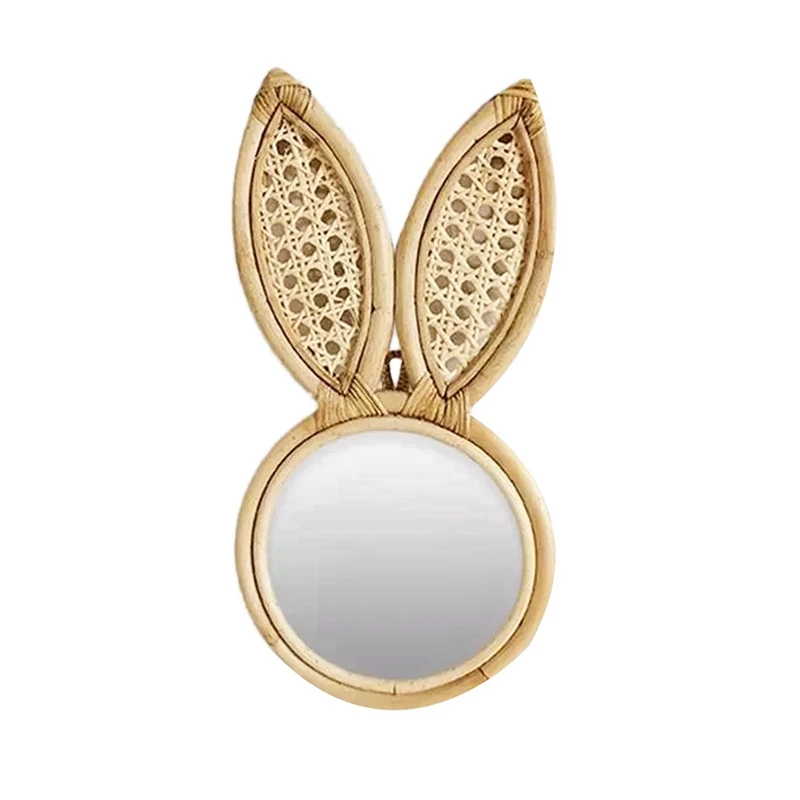 

2 Pcs Wall-Mounted Mirror Rattan with Makeup Mirror Handmade Decoration Rabbit Ear Mirror Home Decoration