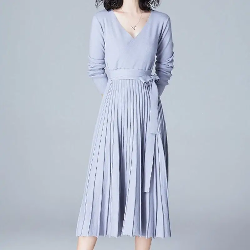 2019 зимнее женское Элегантное трикотажное платье свитер с поясом миди длинным