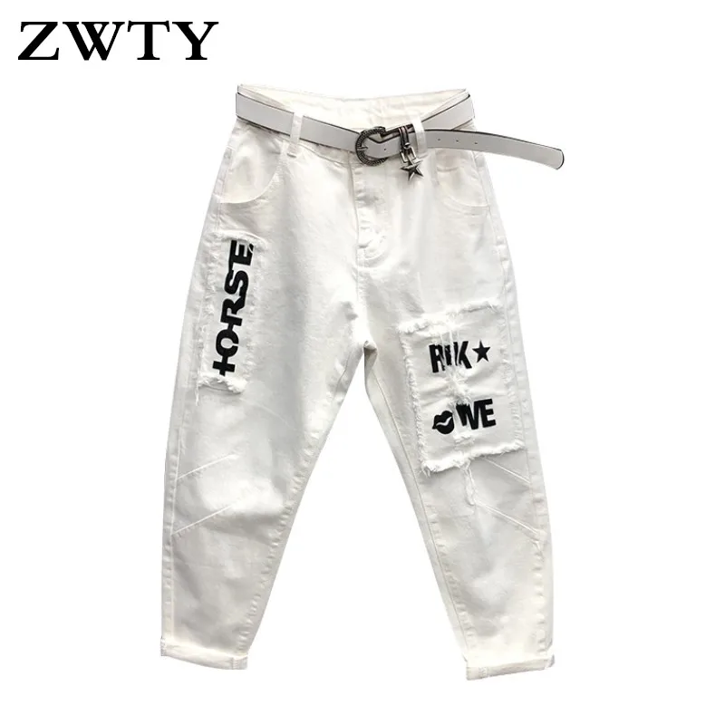 

ZWTY White Casual Pants Women's 2021 Spring Autumn New Trend Letter Patch Loose Baggy Pants Nine Denim Harem Pants Streetwear