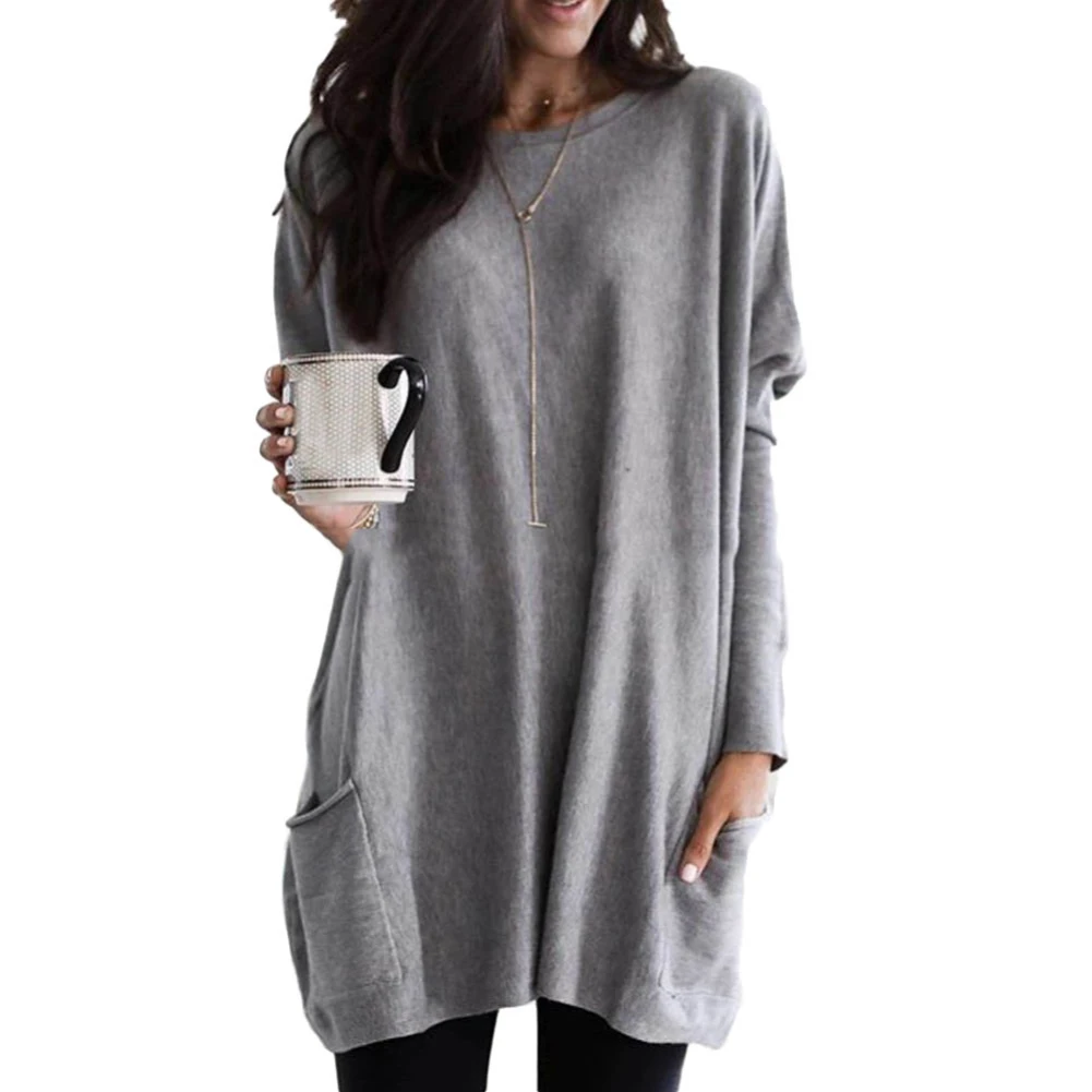 Plus Size Women Solid Color Sweater O-Neck Long Sleeve T-Shirt Tunic Top New with Pockets 2019 | Женская одежда