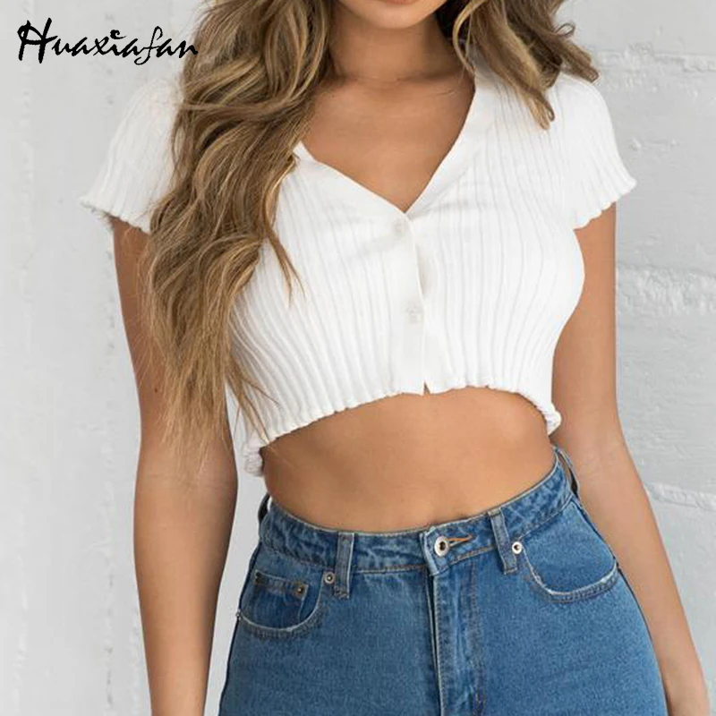 

Huaxiafan Knitted T-shirts Crop Top White Buttons Summer Casual Ladies Elegant Sexy Streetwear Mini Tops T-shirt Female 2021 New