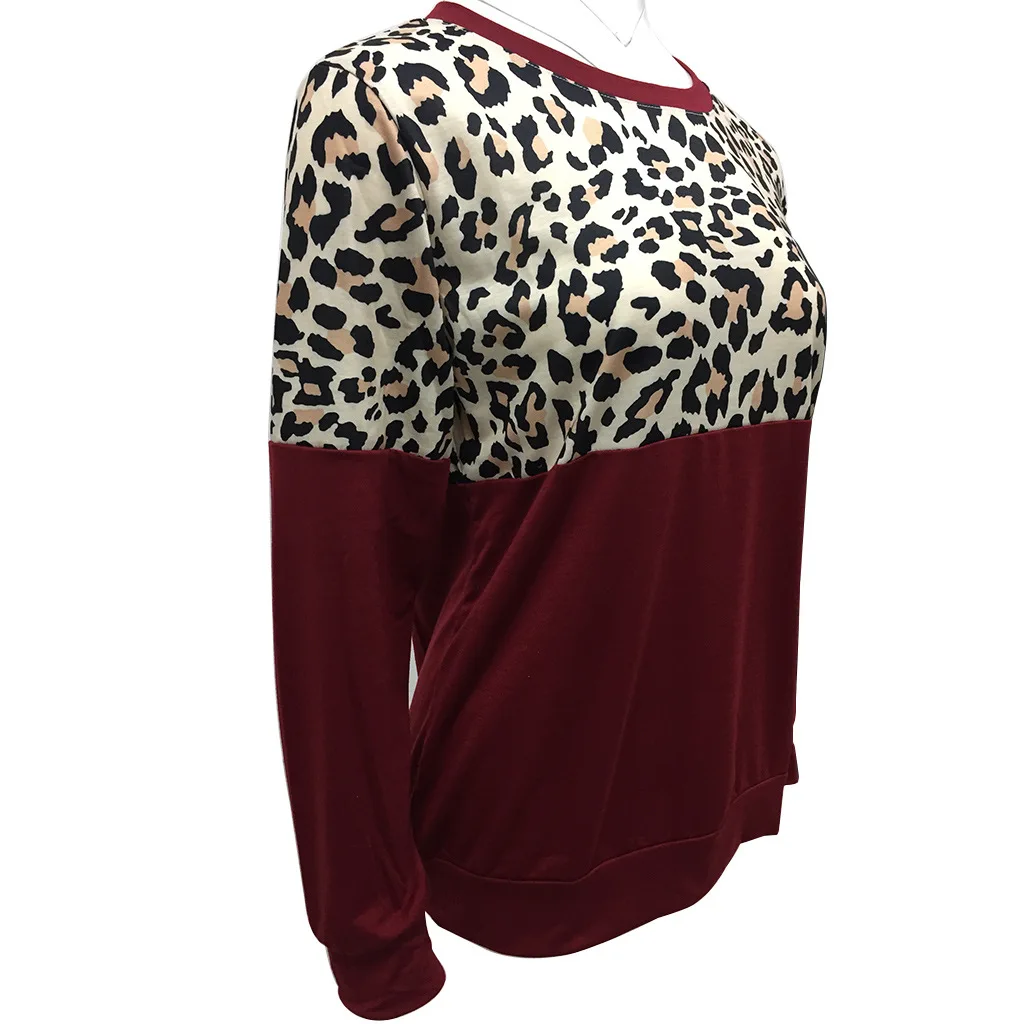 

New Autumn And Winter European And American Cross-border Women's Hot Leopard Print Round Neck Long Sleeve Contrast Top T-shirt