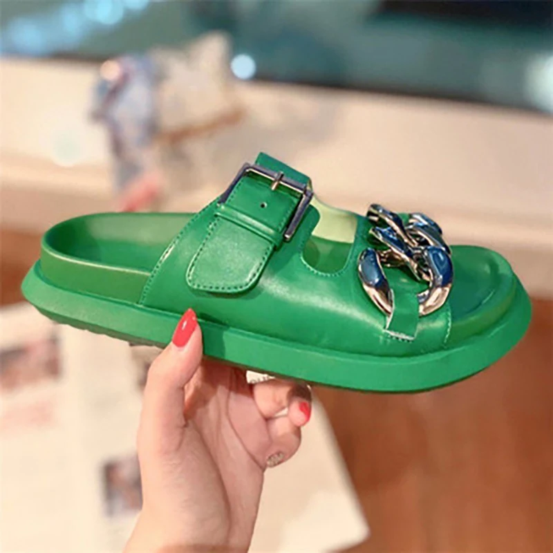 

Cowhide Upper Sheep Skin Lining High End Modern Slides Punk Comfortable Leisure In Summer For Ladies Fashion Lazy Beach Shoes