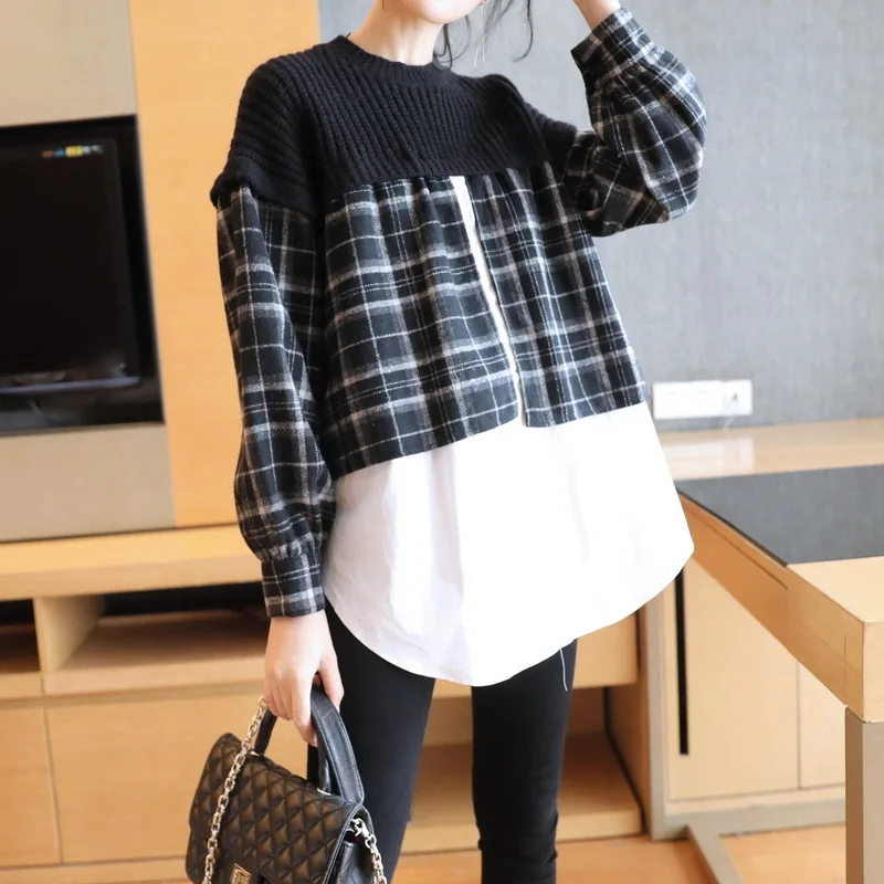 

TVVOVVIN Fake Two Sweaters Women's Winter New 2021 O-neck Lantern Sleeve Splicing Pullover Knitted Tops F110