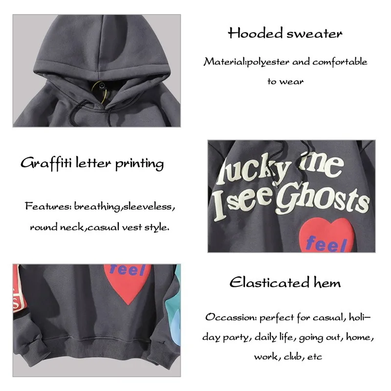 

Men Print Sweatshirt Long Sleeve Loose Hooded Pullover Drawstring Top Thick Streetwear