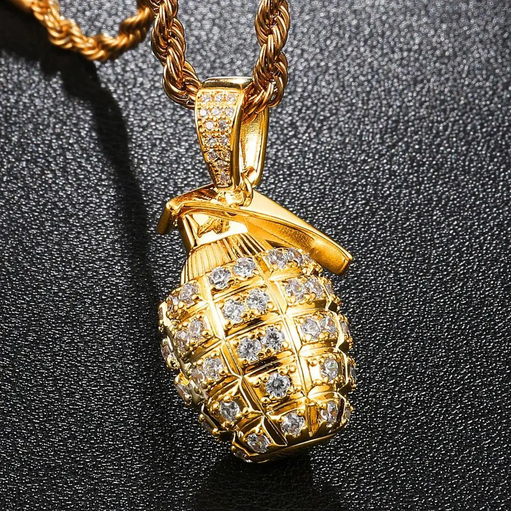 

Men Hip hop iced out hand Grenade shape Pendant necklaces AAA Zircon High quality Hiphop necklace fashion jewelry Drop shipping