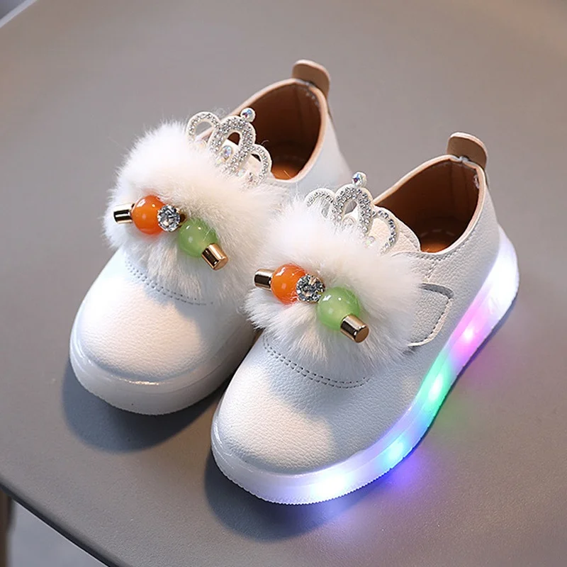 

Size 21-30 Children Shoes Girl Baby Glowing Casual Shoes Princess Pearl Shoes Glwoing Sneakers Girl Rabbit Plush Walking Shoes