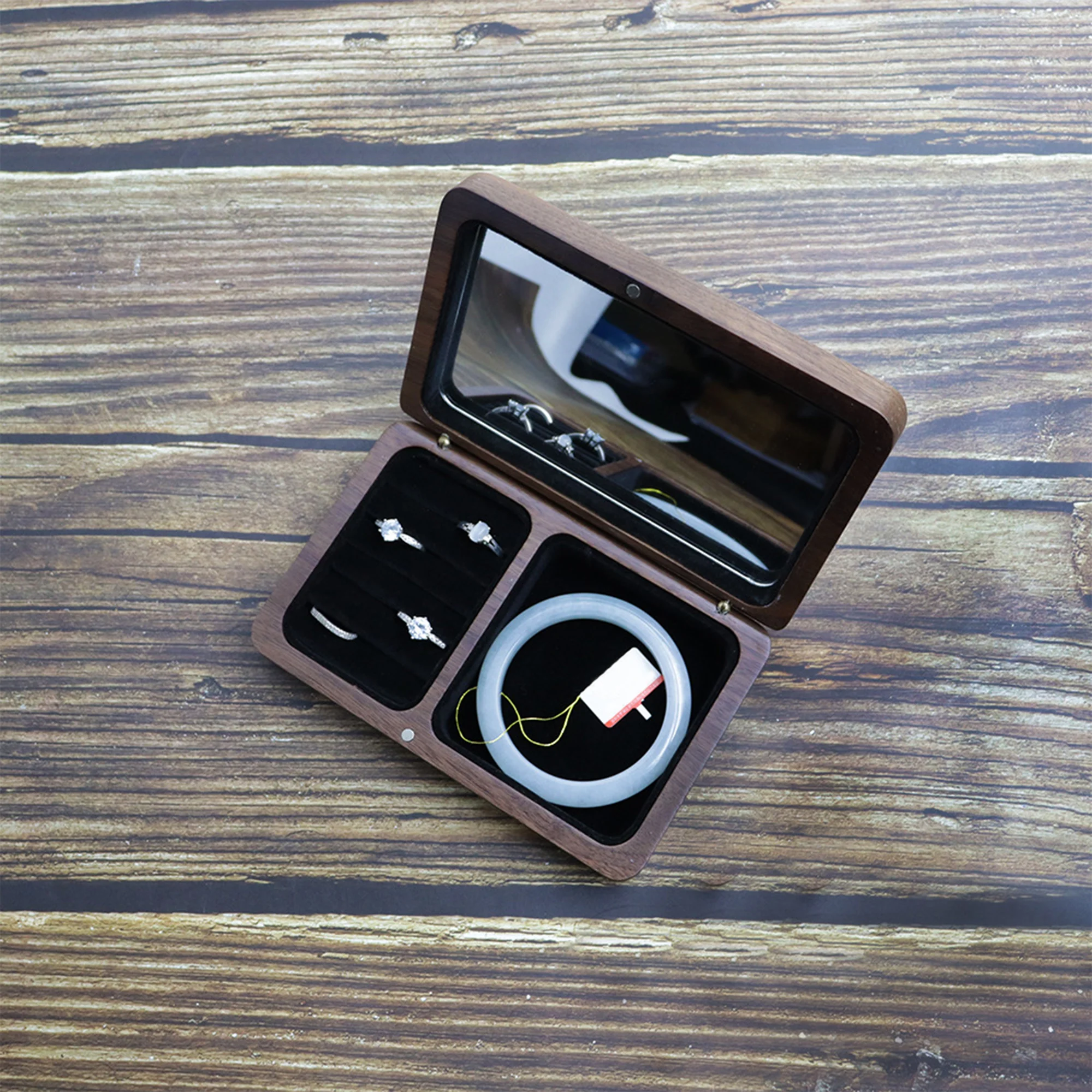 Retro Black Walnut Jewelry Box Organizer Personalised Name Date Handmade Jewelry Storage Earring Holder Gifts With Makeup Mirror