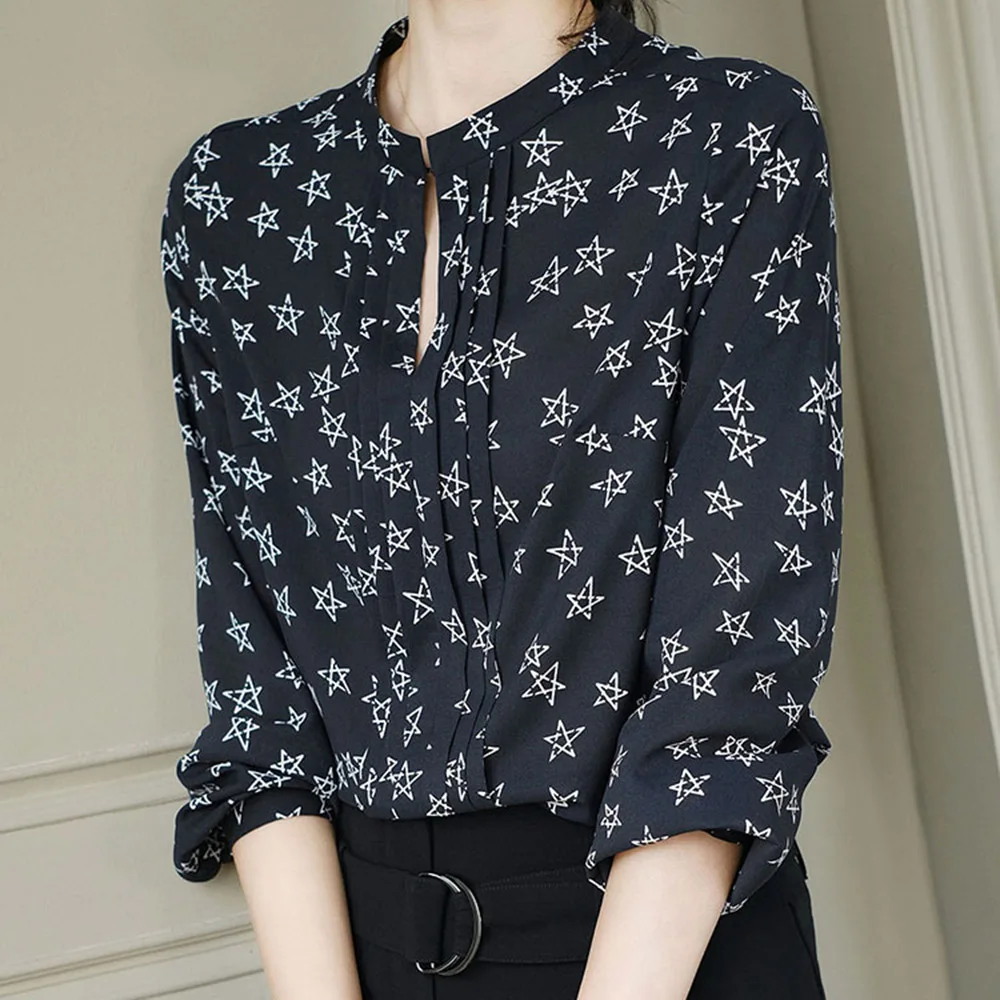 

Модная женская блузка с принтом звезд, элегантный топ в японском и корейском стиле, блузки для девочек, плиссированная рубашка с круглым выр...