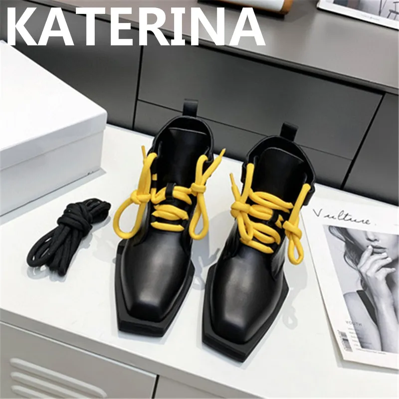 

Lace Up Ankle Boots High Quality Genuine Leather Round Toe Soild Women Shoes Hot Sale Warm Boots Strange Style Runway Footwear