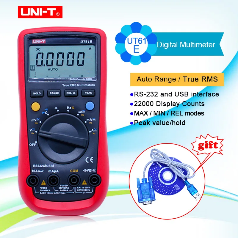 

UNI-T UT61E Digital Multimeter True rms Auto Range UT61B/C/D/E AC DC Meter Data Hold Multimetro 9V Rechargeable Battery