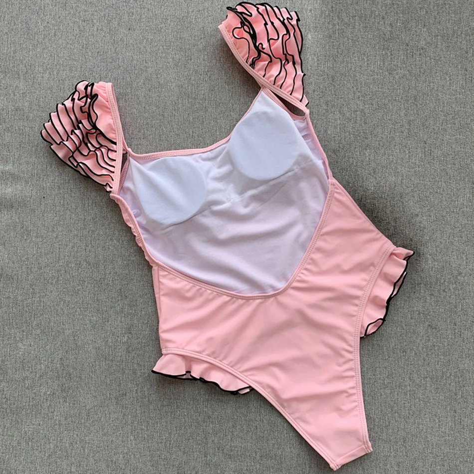 Женский купальник с оборками однотонное бикини пуш ап черный розовый слитный