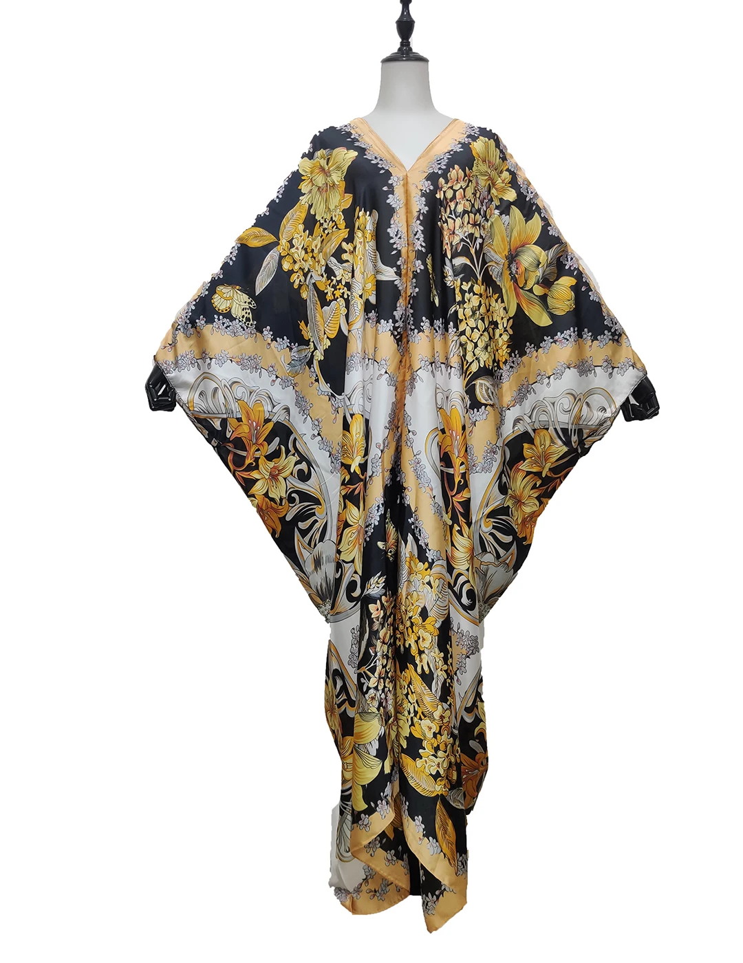 

В винтажном стиле с цветочным принтом 2021 Кувейт модное летнее платье с рукавами «летучая мышь» шелка Бохо одежда больших размеров сексуальное платье с v-образным воротом, пикантная обувь на низкой подошве; Женские пляжные платье кафтан