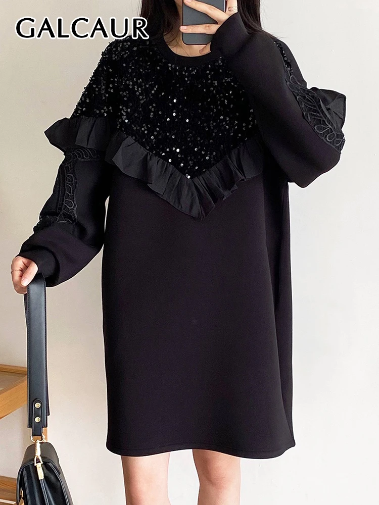 

GALCAUR Casual Slim Colorblock Patchwork Dress For Women Round Neck Long Sleeve High Waist A Line Dresses Female 2021 Style New