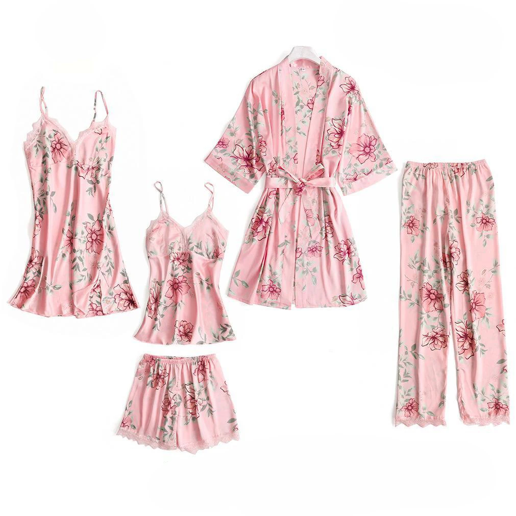 

5PCS Pajamas Sleep Set Women Nightwear V-Neck Lace Sleepwear Sexy Nightie Bathrobe Wear Home Suit Negligee Spring Robe Gown