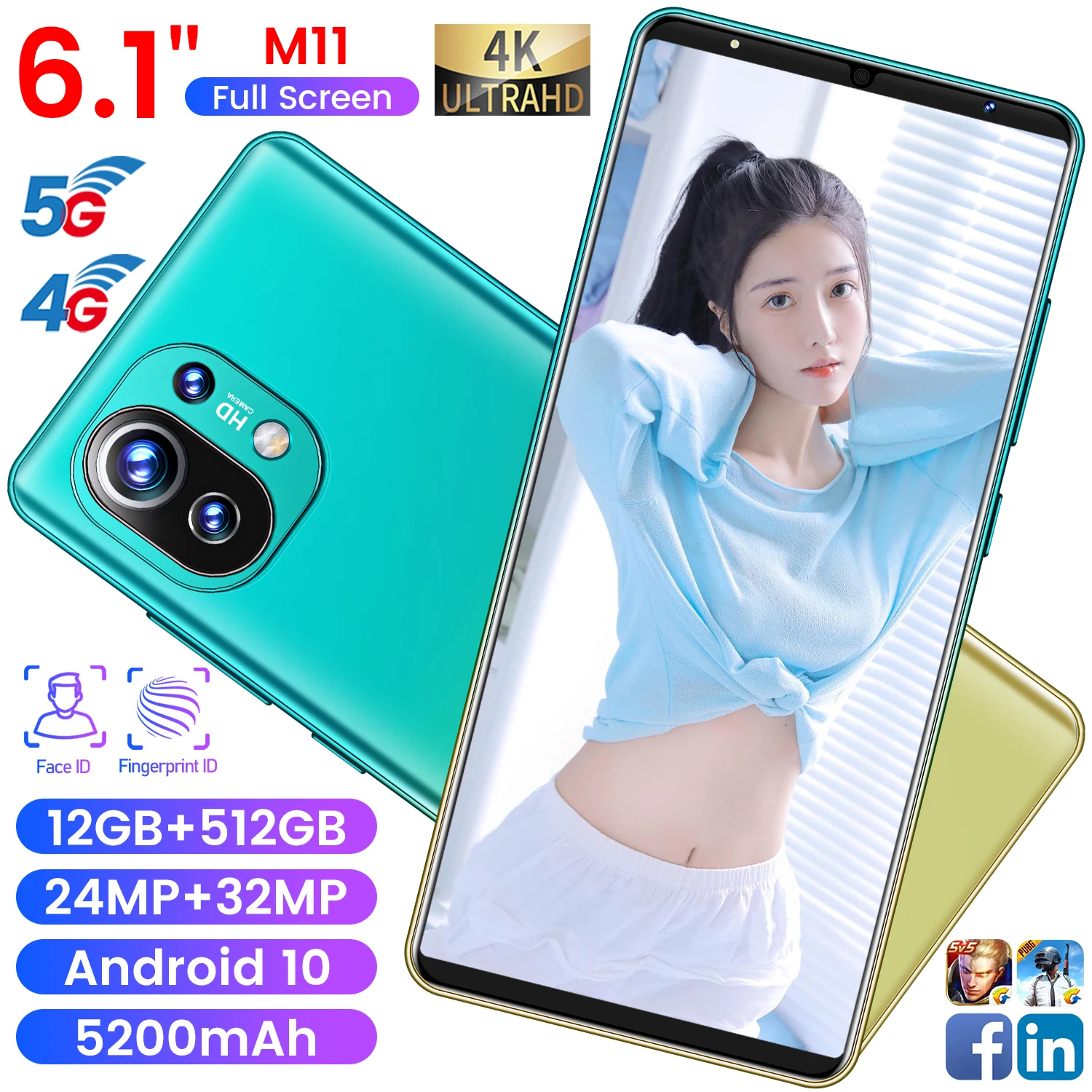 

Global Version M11 6.1 Inch 12GB 512GB 24MP 32MP Android 10 Smartphone 10 Core Snapdragon 888 5200MAH Face Unlocked Mobile Phone