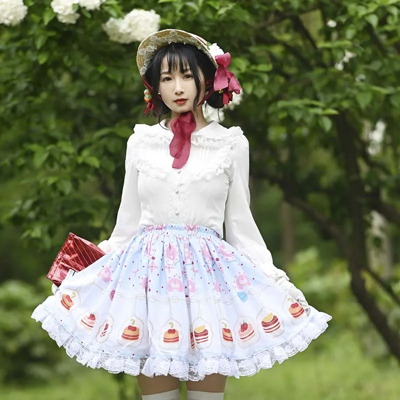 

Lace Sweet Lolita SK Blue and Pink Best Cake Gwand Print Lolita Skirts